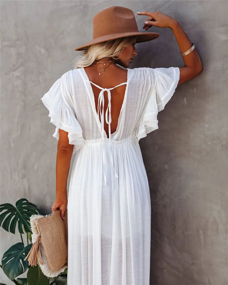2024 Crochet White Knitted Beach Cover Up Dress Tunic Long Pareos Bikinis Cover Ups Swim Cover Up Robe Plage Beachwear