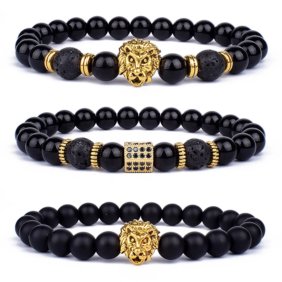 Vintage Lion Head Beaded Bracelets Men Obsidian Lava Stone Dog Paw Charm Bracelets & Bangles for Women Friendship Jewelry Gift