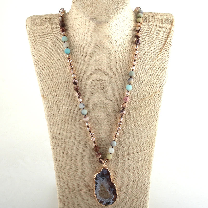 Fashion Bohemian Tribal Jewelry Crystal / Stone Long Knotted Irregular Druzy Stone Pendant Necklaces For Women