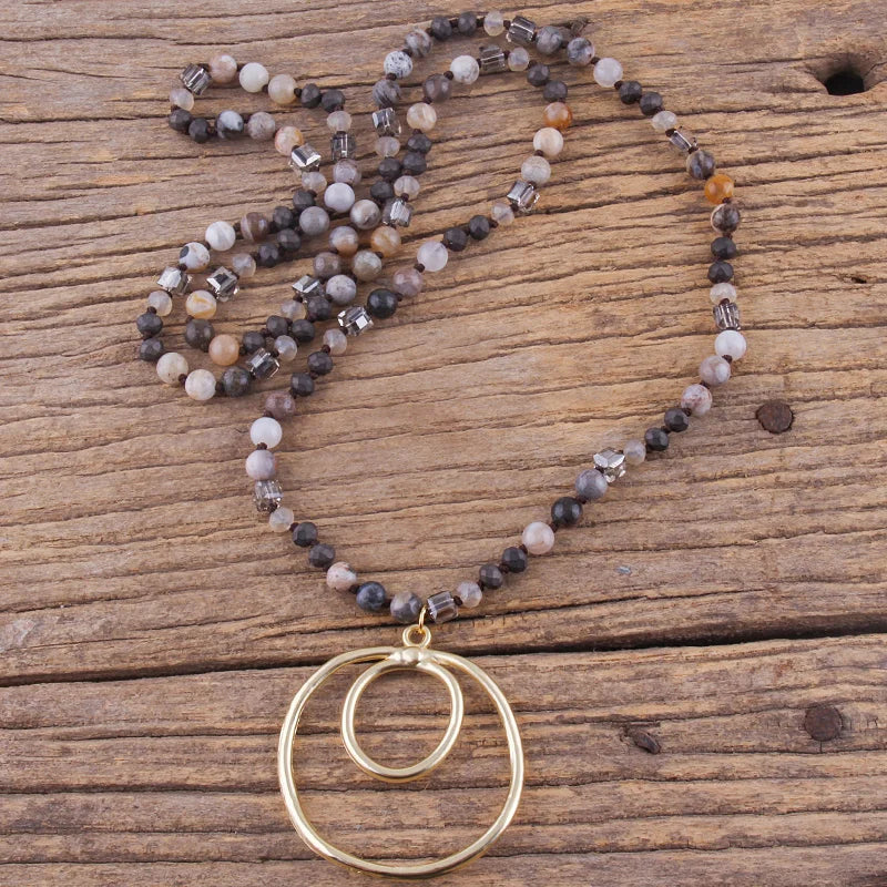 Fashion Bohemian Jewelry Accessory 6mm Stones/Crystal Knotted With Metal Round Pendant Necklaces Women Boho Gift