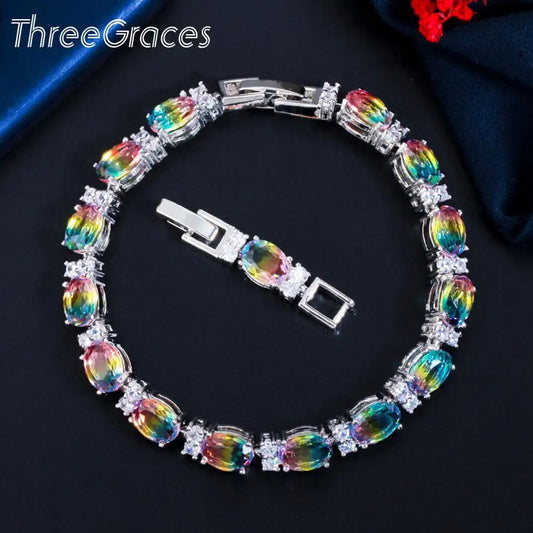 ThreeGraces Brilliant Multi Rainbow Cubic Zirconia Silver Color Wedding Colorful Bracelets for Women Fashion Party Jewelry BR147