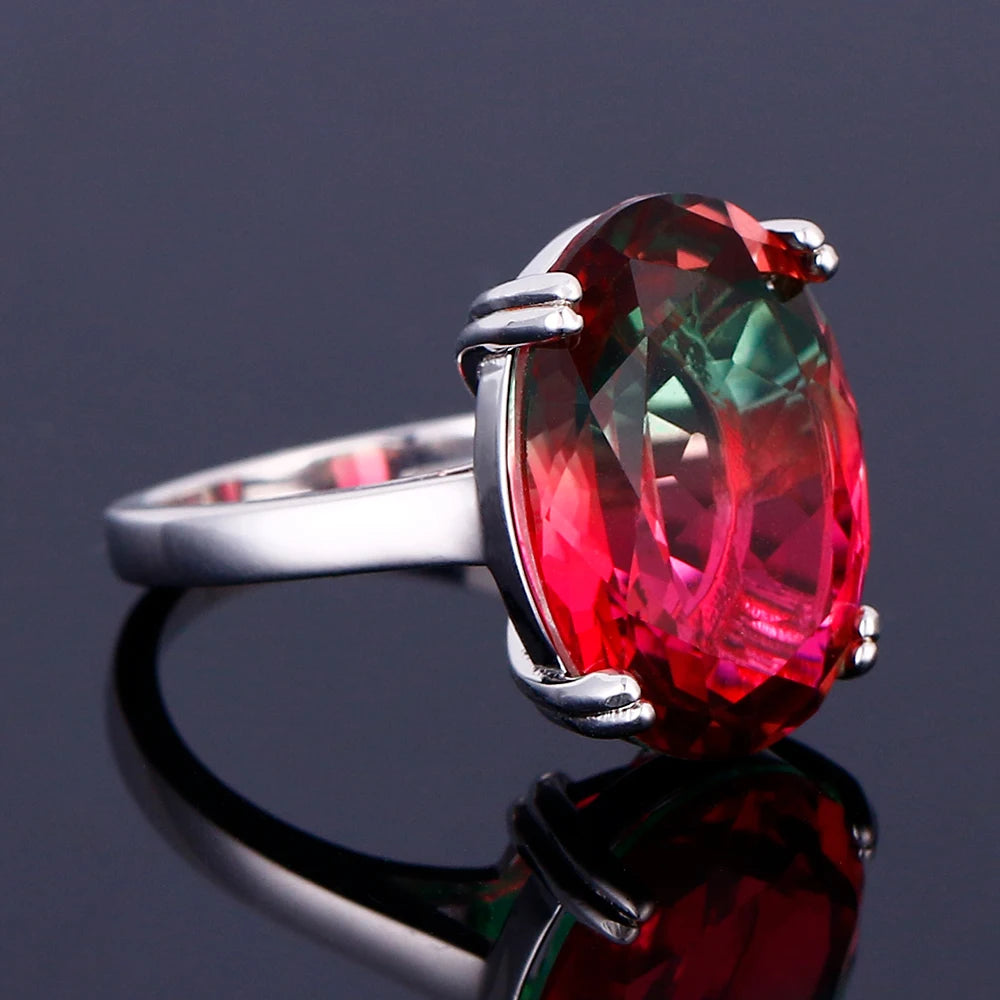 S925 Silver Fashion Large Oval AAAAA Zircon Rainbow Gemstone 13*18mm Multicolor Tourmaline For Woman Wedding Ring Bridal Jewelry