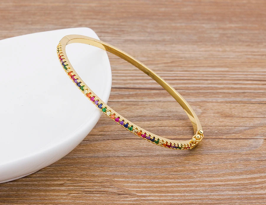 Nidin New Design High Quality Charm Rainbow Bracelet Copper Zirconia Rhinestone Cuff Bangle Trendy Jewelry Gift For Women Girls