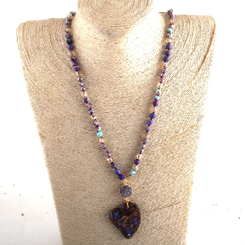 Fashion Bohemian Jewelry Boho Gift Natural Stones With Druzy Links Heart Stone Pendant Necklaces For Women