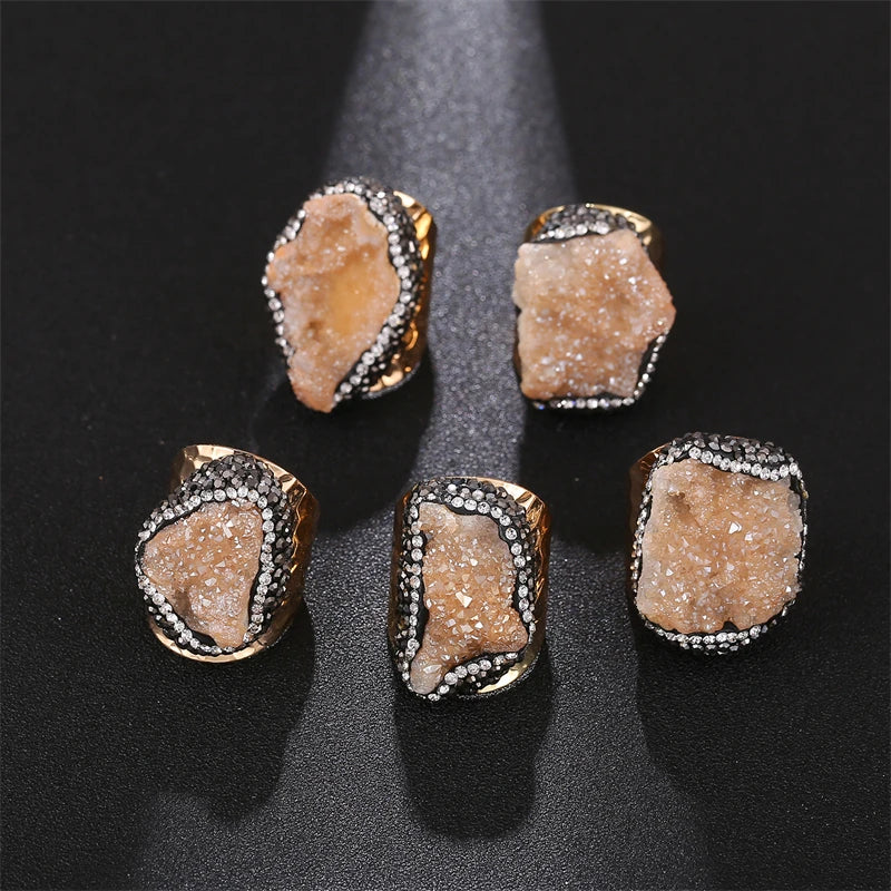 Irregular Micro Inlay Druzy Quartz Stone Open Ring for Women Gold Plated Boho Finger Jewelry Resizable