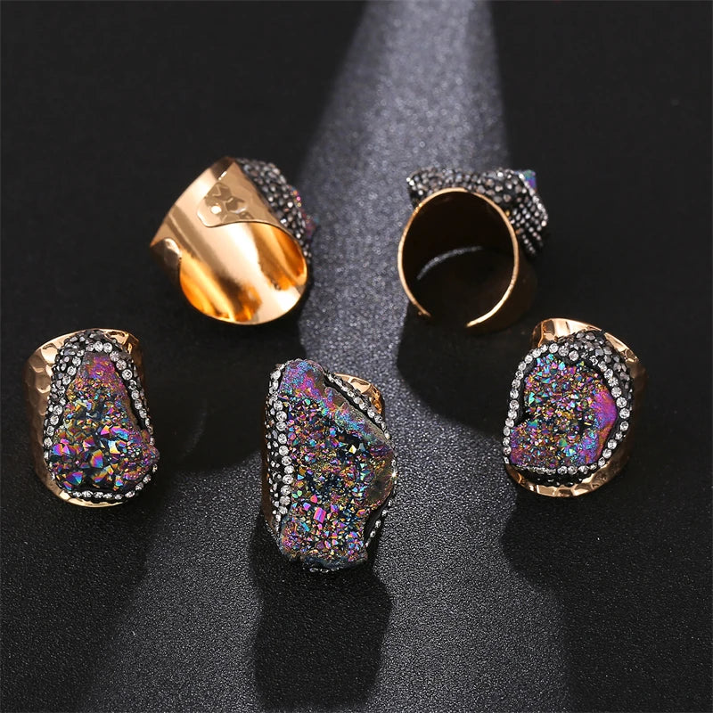 Irregular Micro Inlay Druzy Quartz Stone Open Ring for Women Gold Plated Boho Finger Jewelry Resizable