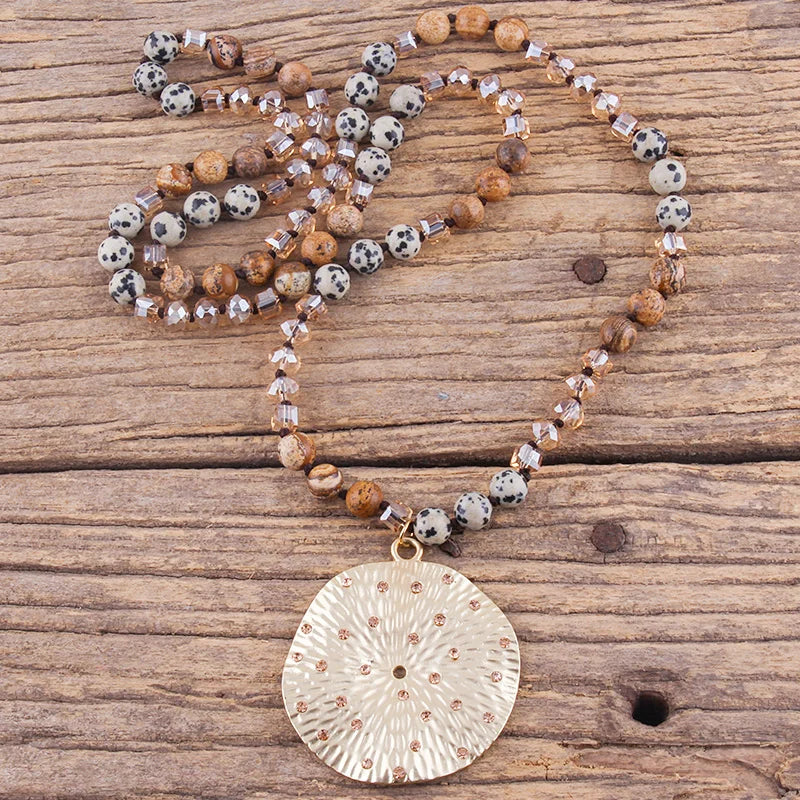 RH Fashion Bohemian Jewelry Natural Stones With Glass Links Crystal Round Pendant Necklaces For Women Boho Gift