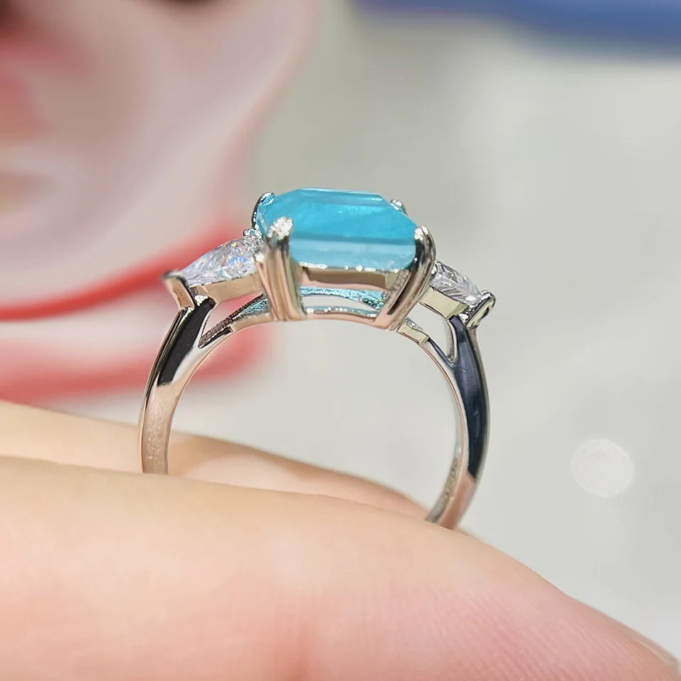 925 Sterling Silver Paraiba Emerald Tourmaline Gemstone Rings For Women Engagement Party Fashion Wedding Jewelry 9*9mm