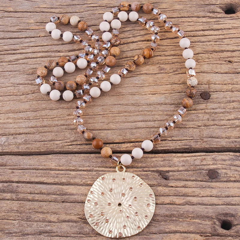 RH Fashion Bohemian Jewelry Natural Stones With Glass Links Crystal Round Pendant Necklaces For Women Boho Gift