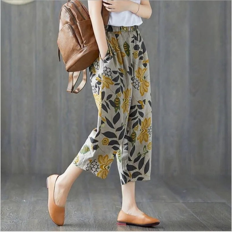 Plus Size Casual Linen Pants 2023 Women's Trousers Vintage Polka Dot Pantalon Female Elastic Waist Printed Turnip Harem Pants