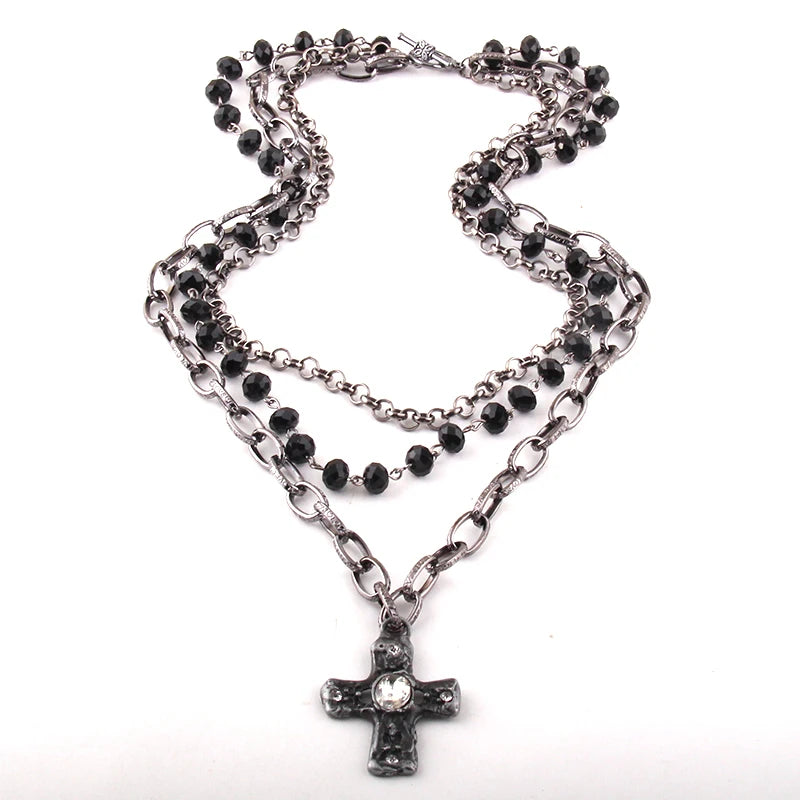 Fashion Bohemian Tribal Jewelry 3 Layer Multiple Black Glass Crystal Rosary Link & Chain Cross Pendant Necklaces