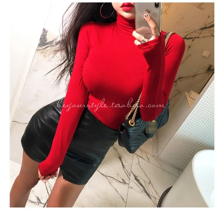 T Shirt Women Turtleneck Spring Top Sexy Elasticity T-Shirt Korean Tee Woman Clothes Slim Tshirt Female Skinny Long Sleeve Tops