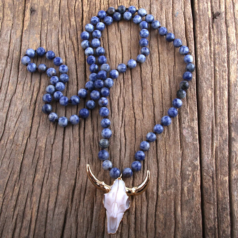 Fashion Bohemian Jewelry Sem Stone Knotted Horn Pendant Necklace For Women Boho Ethnic Necklace Gift