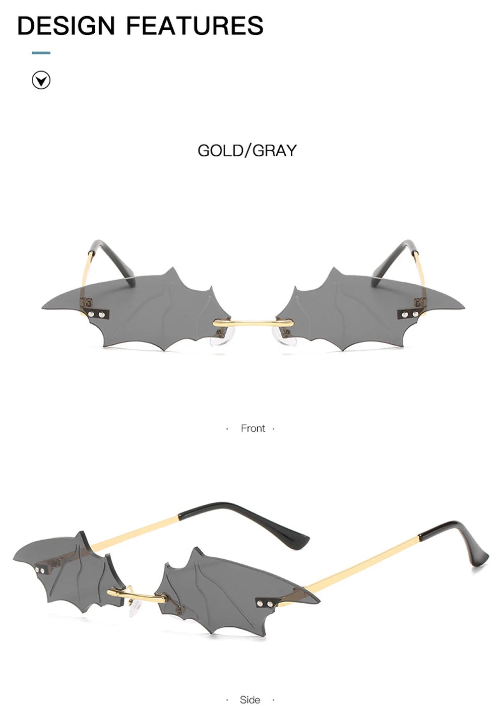 Fashion Rimless Men Sunglasses Women Trendy Bat Shaped Sun Glasses Female Male Vintage Black Mirror Shades Metal Oculos De Sol