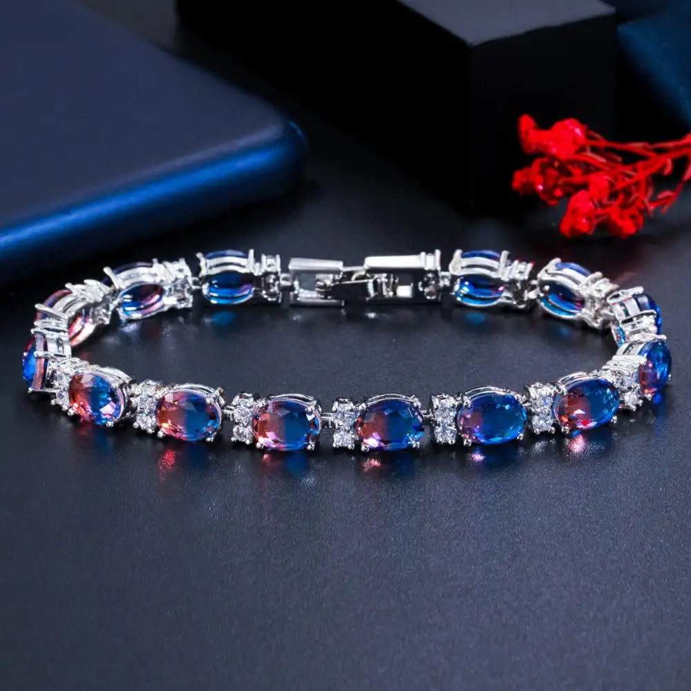 ThreeGraces Brilliant Multi Rainbow Cubic Zirconia Silver Color Wedding Colorful Bracelets for Women Fashion Party Jewelry BR147