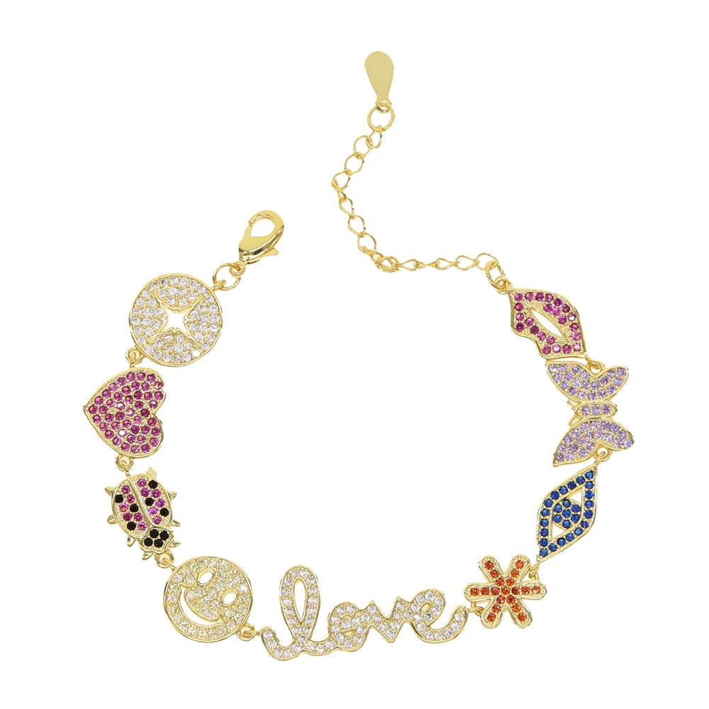 2025 Gold Color rainbow colorful cz lip butterfly heart cute lovely lucky charm bracelet elegant Luxury fashion women jewelry