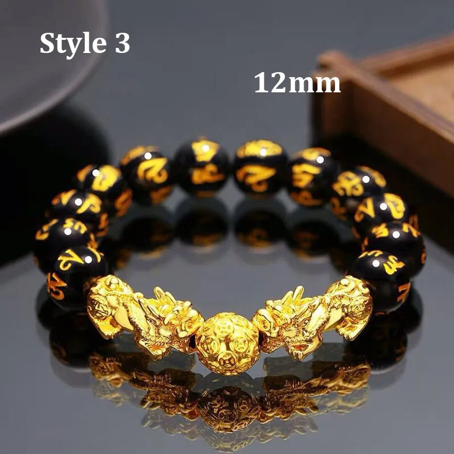 Feng Shui Obsidian Stone Beads Bracelet Wristband Gold Color Black Pixiu Wealth Good Luck Women Bracelet  Men Women Unisex