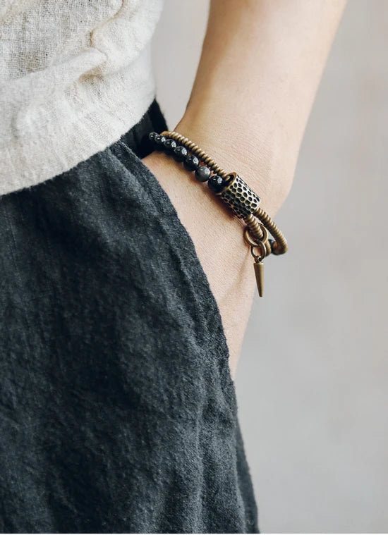 Rainbow Obsidian Beads Bracelet Hammered Brass Two Row  Health Unisex Jewelry for Women Unique Handmade Personalized Bracelet