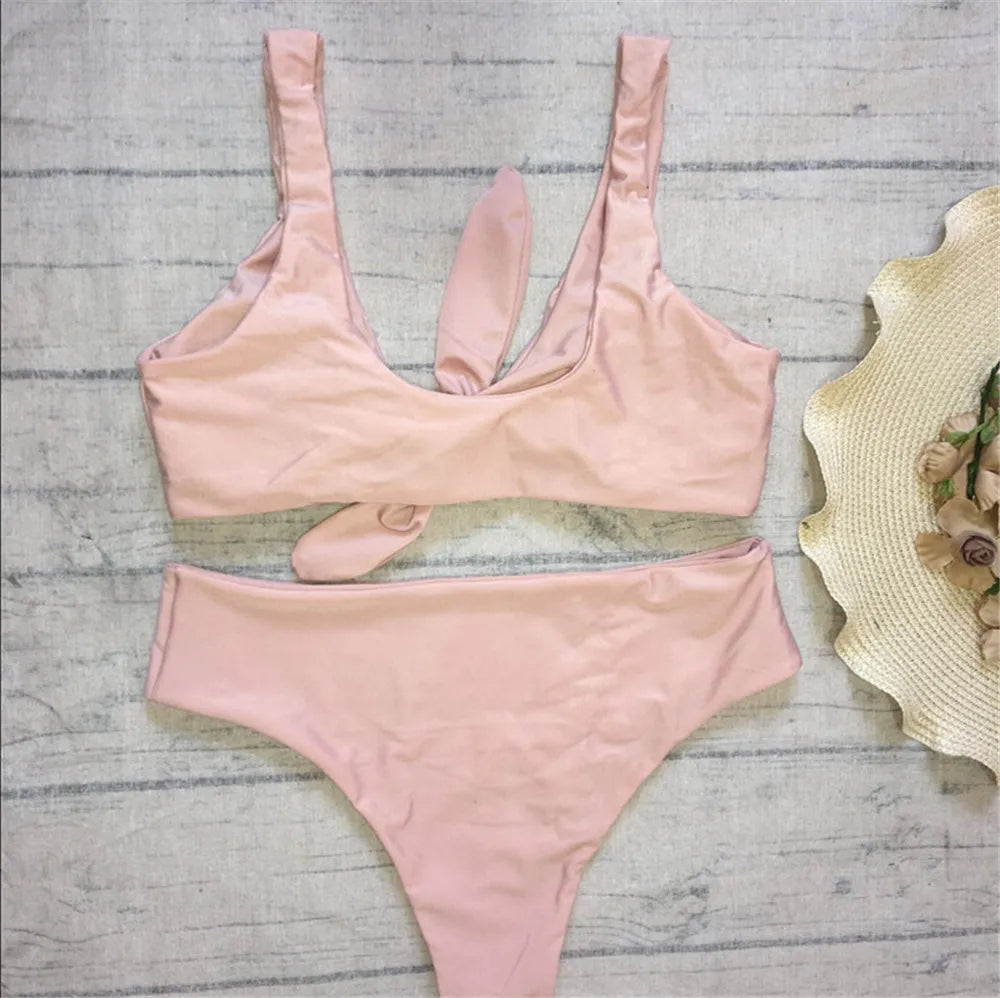 Sexy Front Knotted Bikinis Female Swimsuit High Waist Bikini Women Swimwear Two-pieces Bikini Set Bather Bathing Suit Swim Lady