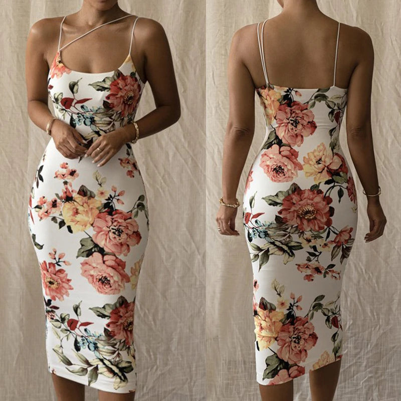SKMY Floral Dress Women Clothing 2025 Summer New Fashion Print Slim Fit Sexy Night Club Outfit Party Spaghetti Strap Dress