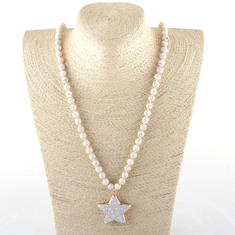 Fashion Bohemian Tribal Jewelry Turq/White Stone Long Knotted Pentagram Star Pendant Necklaces