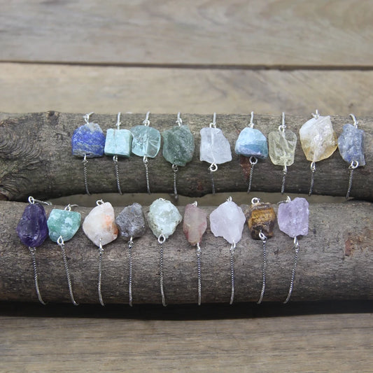 Raw Crystal Quartz Amazonite Citrines Tourmaline Stone Nugget Beads Silvery Chains Adjustable Bracelet Women Jewelry QC2003