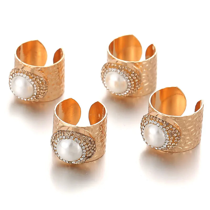 Micro Inlay Full Rhinestone Gold Plated Pearl Bride Engagement Wedding Open Ring Resizable