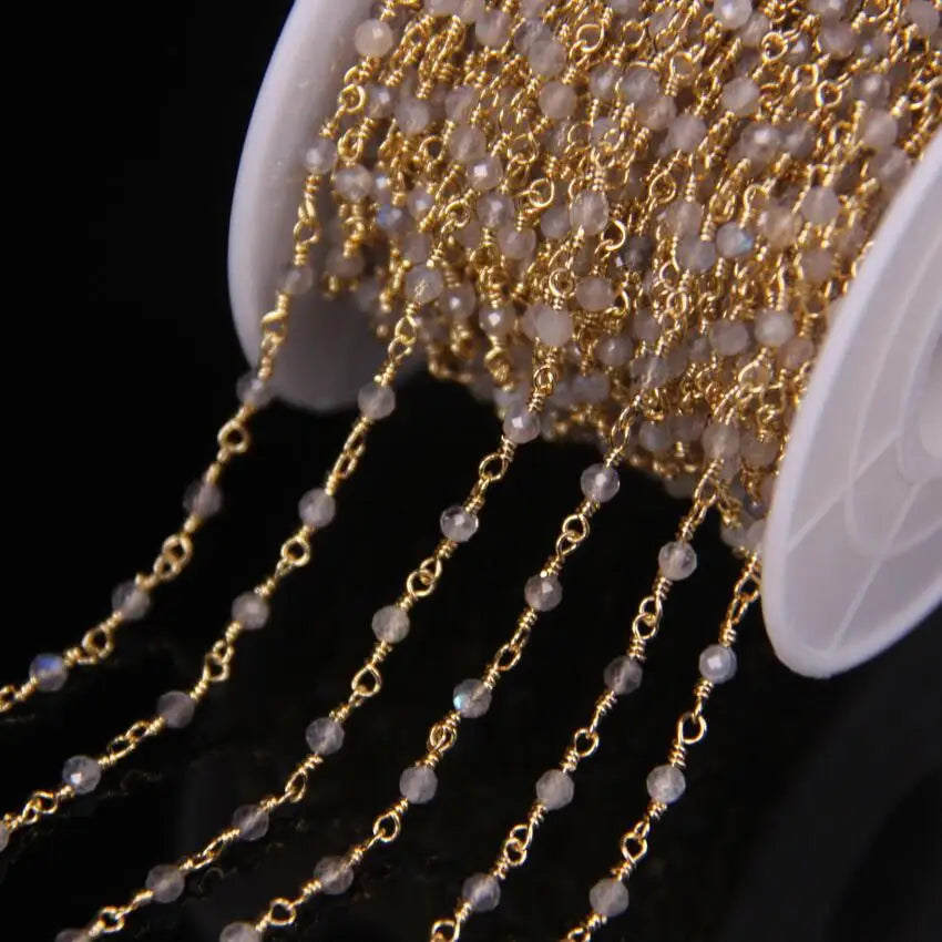 5Meter Natural Colorful Tourmaline 2mm Faceted Round Beads Rosary Chain,Gold Brass Wire Wrapped Necklace Bracelet Sweater Chains
