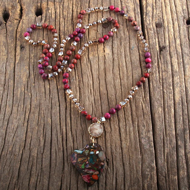 Fashion Bohemian Jewelry Boho Gift Natural Stones With Druzy Links Heart Stone Pendant Necklaces For Women