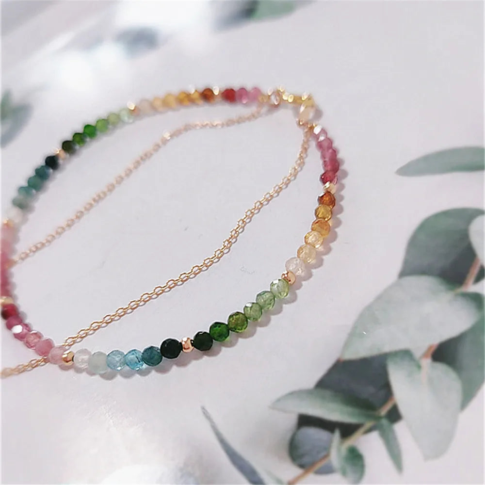 Natural Colorful Mix Tourmaline Bead Bracelet Handmade Women 14K Gold Filled Chain Double Layer Bracelet Semi Precious Jewelry