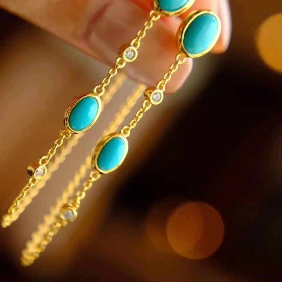 New original Turquoise long Tassel Earrings Chinese style retro unique ancient gold craft light luxury Christmas gift
