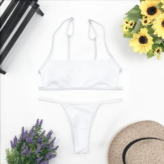 Sexy Stripe Print Swimsuit for Women Solid Tube Top Bathing Suit High Cut Bikini Set Backless Beachwear Brazilian Swimwear Summe