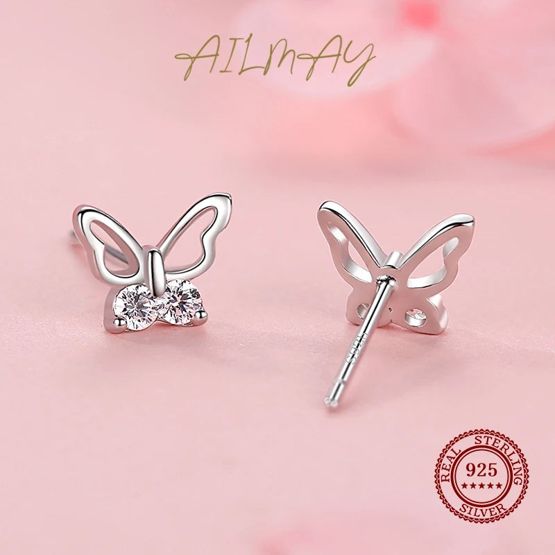 Ailmay  Insect 100% 925 Sterling Silver Butterfly Sweet Cute Stud Earrings For Women Girls Anti-allergy Fine Jewelry Gifts