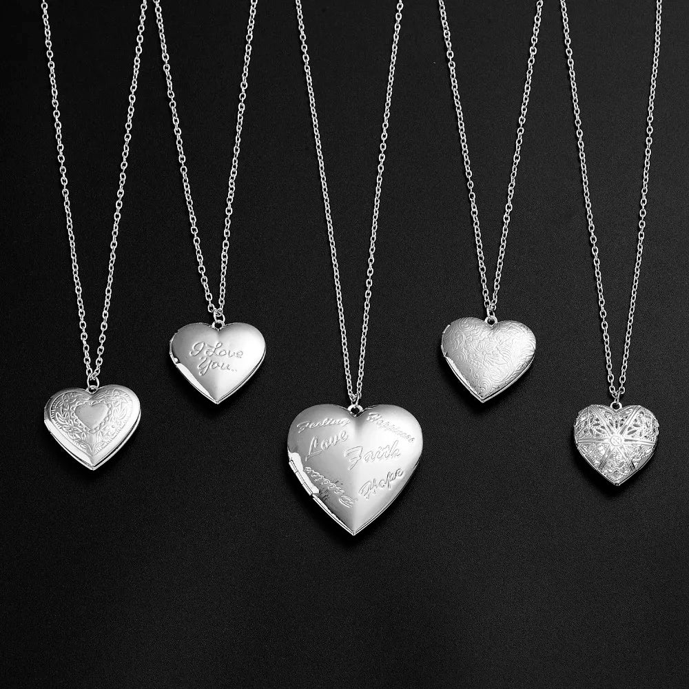 Unique Carved Design Heart-shaped Photo Frame Pendant Necklace Charm Openable Locket Necklaces Women Men Memorial Jewelry