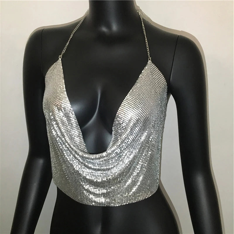 AKYZO Women 2023 Sexy Metal Sequined Tank Camis Summer Gold Silver Backless Cropped Glitter Beach Club Show Wear Tank Tops