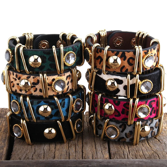 RH Fashion Boho Leather Armbander Goldcolor Metal Rectangle Real Leopard Horsetail Leather Bracelets For Women Gift DropShip