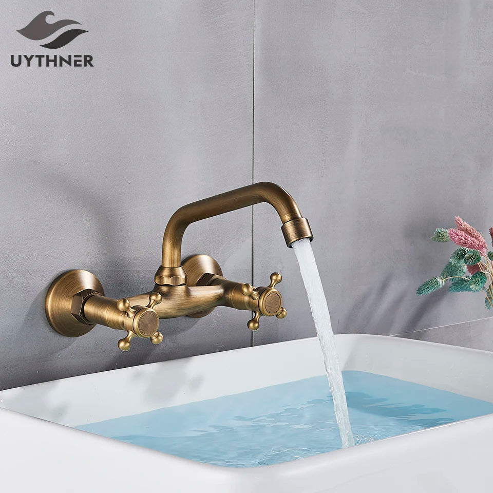 Antique Brass Kitchen Faucet Hot And Cold Water Mixer Faucets Wall Mounted Tap Vessel Sink Mixer Tap Swivel Spout Basin Mixer