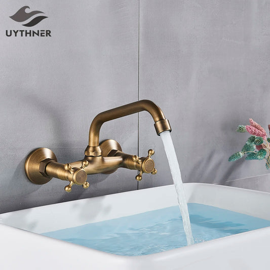 Antique Brass Kitchen Faucet Hot And Cold Water Mixer Faucets Wall Mounted Tap Vessel Sink Mixer Tap Swivel Spout Basin Mixer