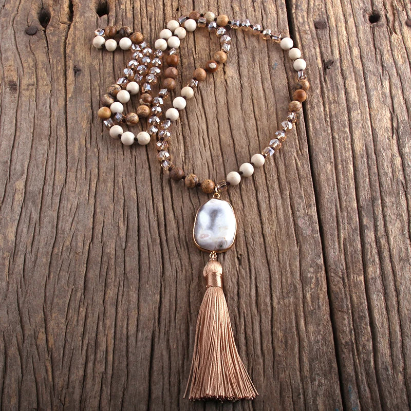 RH Fashion Bohemian Jewelry Natural Stones Crystal Knotted Druzy Stone Links Tassel Necklaces Women Gift Drop Shipping