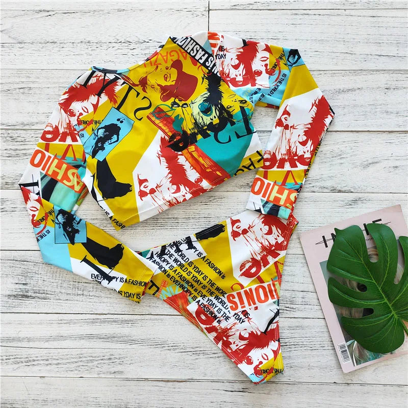 2023 Sexy Long Sleeve Bikinis Women Swimsuit Green Leaves Print Bathing Suits Beachwear Brazilian Bikini Set Biquini Female