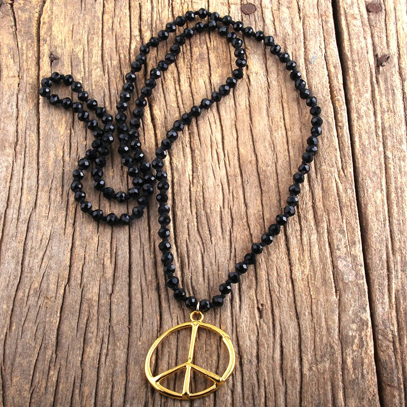 Fashion Boho Jewelry Accessory 6mm Glass Knotted With Metal Peace Pendant Necklaces For Women Femme Bohemia Necklace Gift