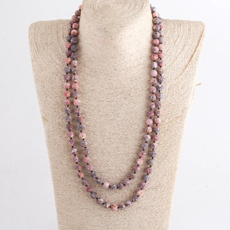 New Bohemian Jewelry long Knotted Halsband 8mm 125-128cm Double wrap Natural Stone Necklace