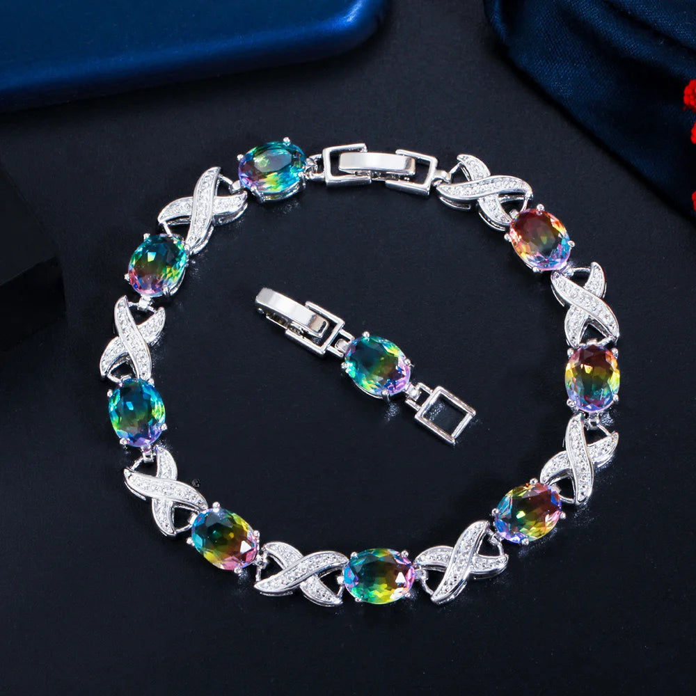 Pera Trendy Cross Oval Rainbow Cubic Zirconia Silver Color Tennis Chain Link Bracelet for Ladies Wedding Party Jewelry Gift B199