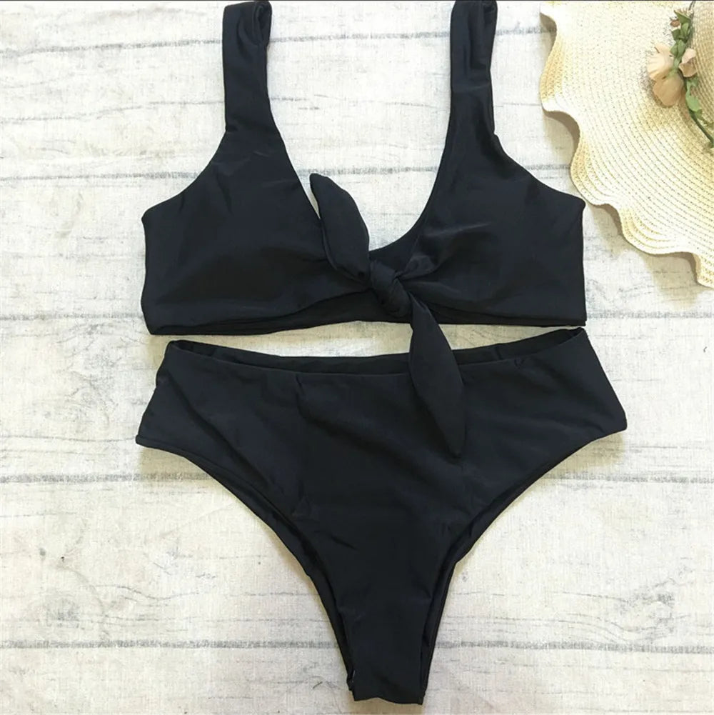 Sexy Front Knotted Bikinis Female Swimsuit High Waist Bikini Women Swimwear Two-pieces Bikini Set Bather Bathing Suit Swim Lady