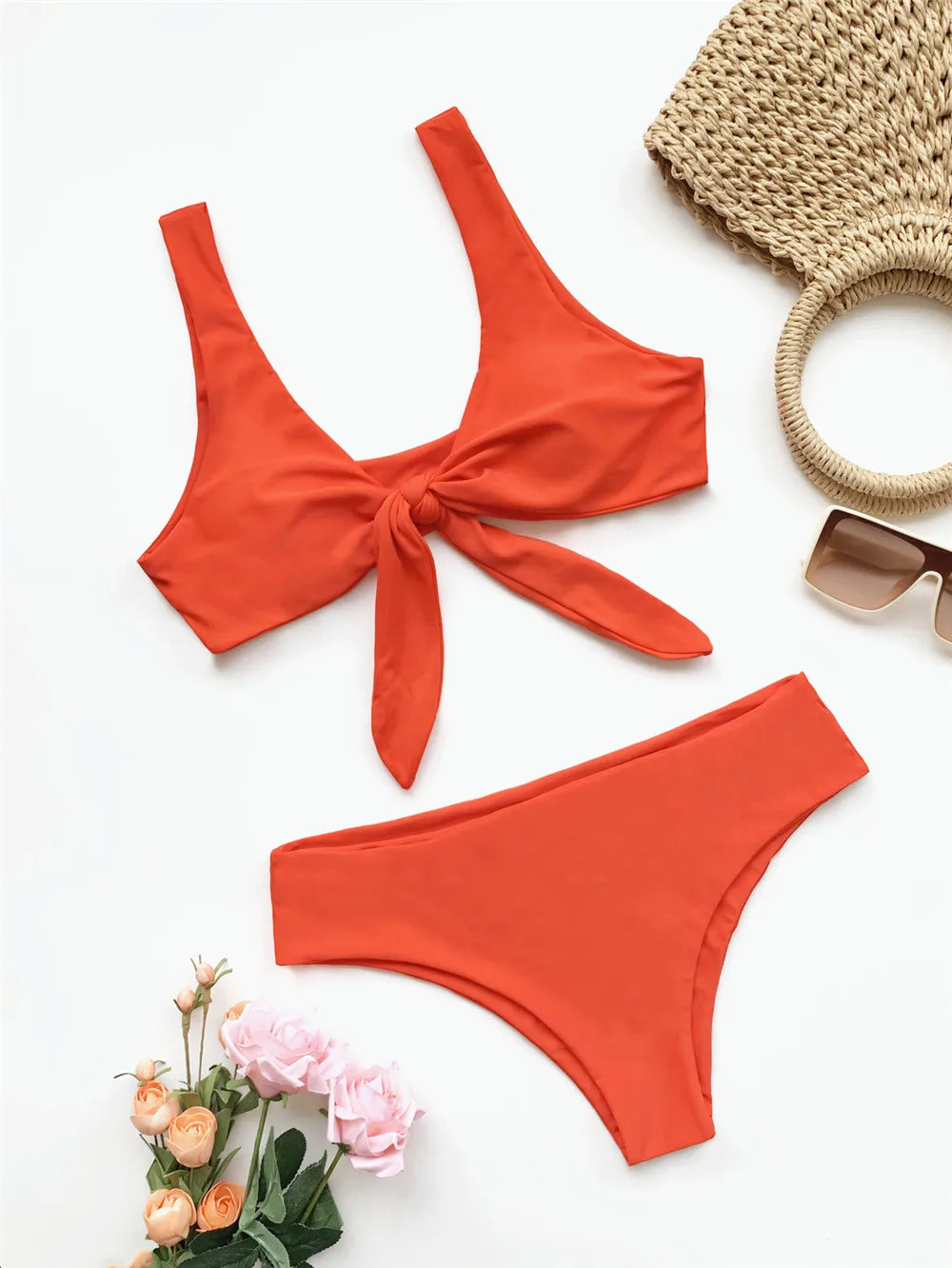 Sexy Front Knotted Bikinis Female Swimsuit High Waist Bikini Women Swimwear Two-pieces Bikini Set Bather Bathing Suit Swim Lady