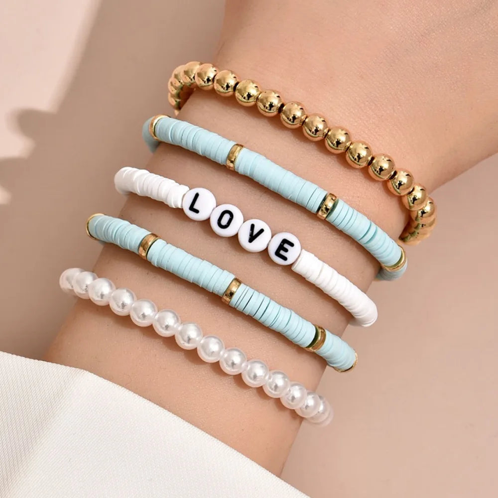 Fashion Rainbow Stackable Bracelets Set For Women Heart Charm Soft Clay Pottery Layering Beads Chain Bangle Female Boho Jewelry