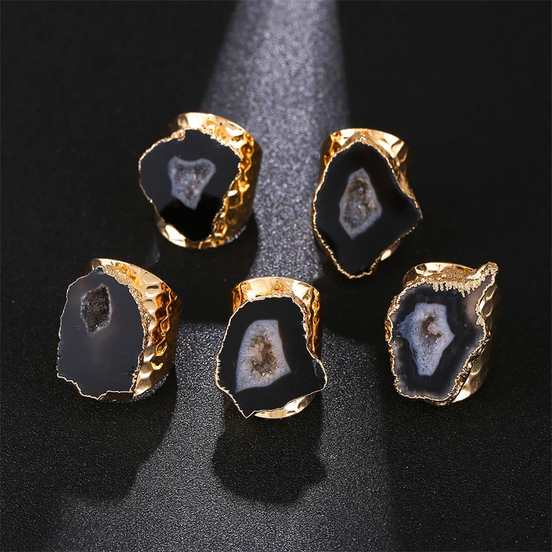 Irregular Geode Stone Agate Slices Wide Open Ring for Women Boho Resizable Finger Jewelry