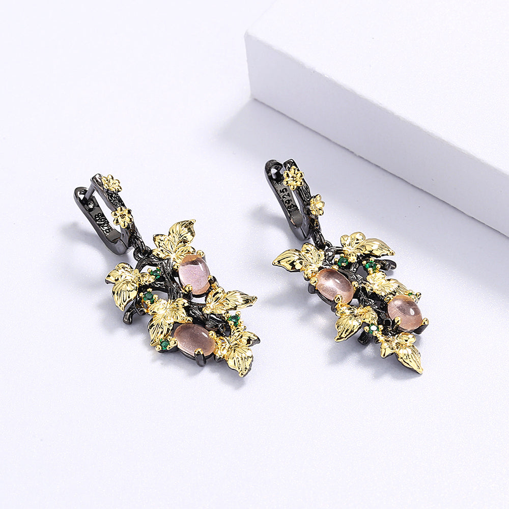New Elegant Black Gold Ruby Pendant Flower Leaf 925 Silver Earrings Crystal Gemstone Ladies Jewelry Earrings Silver 925 Jewelry