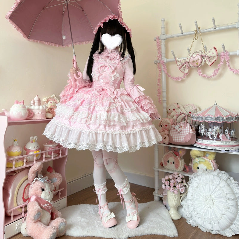 Original Lolita Dress Cape Set New Spring Autumn Sweet Girl Lace Princess Jsk Cake Dress Fairy Suspender Dress Shirt Outfit