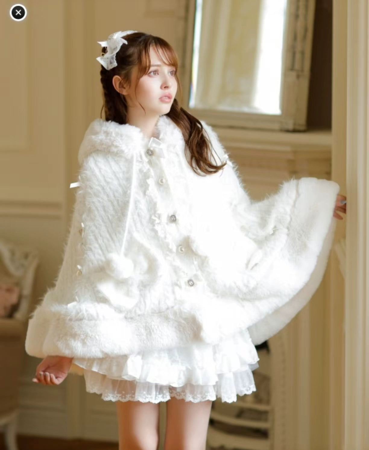 Japanese Sweet Soft Thick Women's Double-Layer Big Ribbon Hooded Knitted Cloak 3 Colors Autumn and Winter Ponchos Warm Jacket